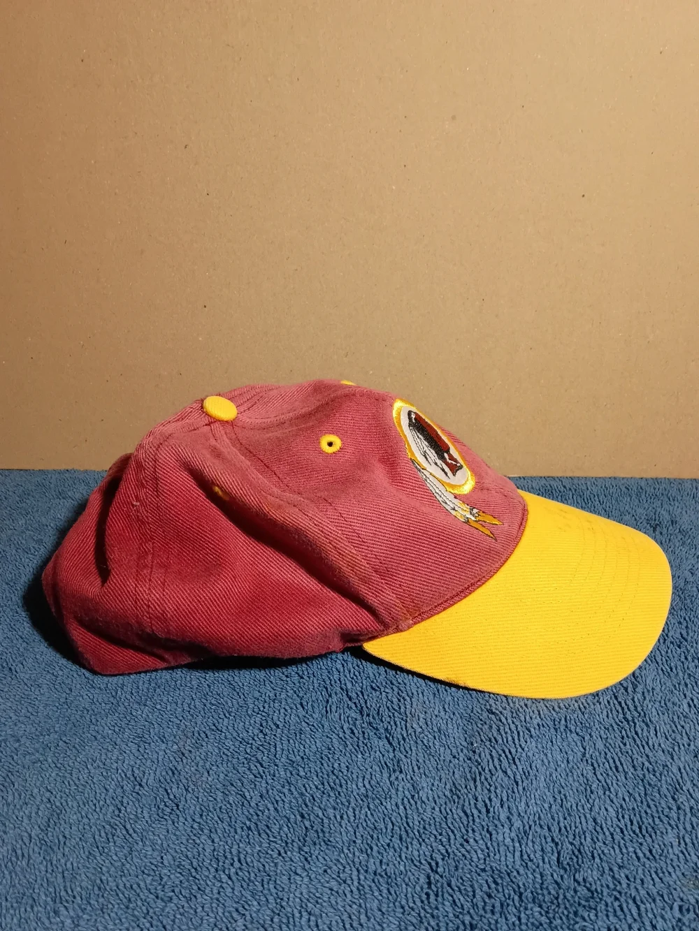 Vintage Kids Red and Yellow Redskins Football Cap with Native Head Patch